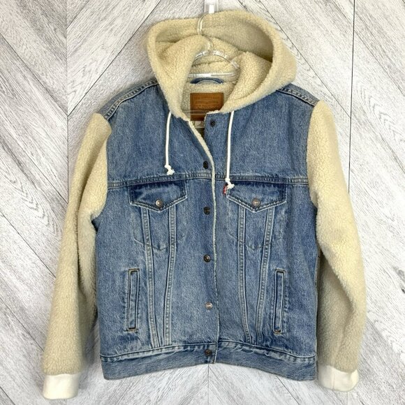 Levi's Ex Boyfriend Sherpa Trucker Hooded Denim Jacket Womens Size Medium - Picture 1 of 7